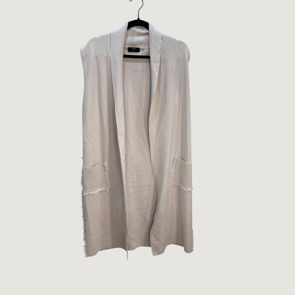 Tahari Knit Longline Vest Cream Beige Sz M Boho Neutral Minimalist Fall Layering